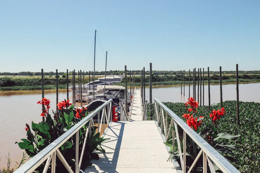 Pasarela al muelle bordeada de flores